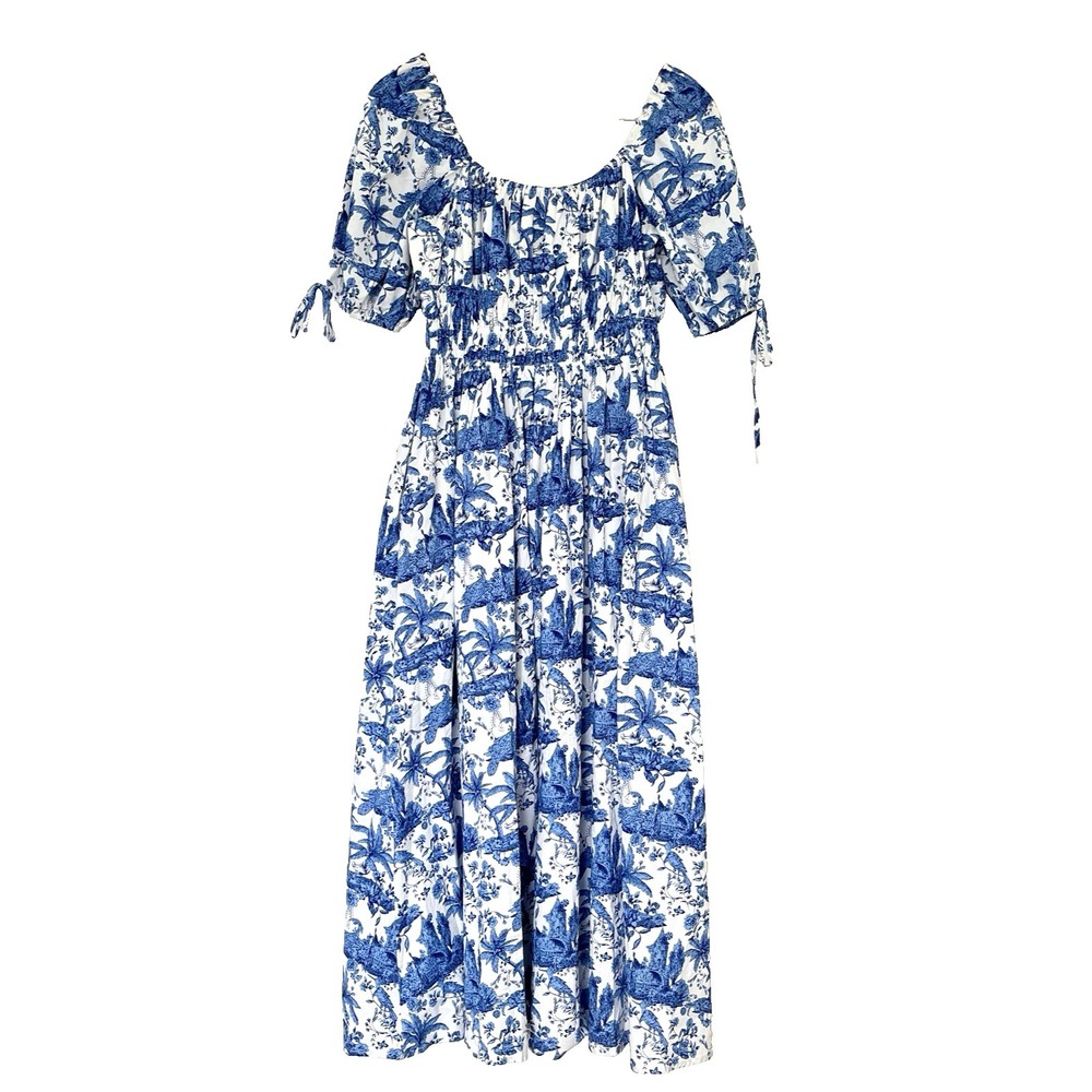 AQUA Womens Palm Toile Midi Dress Size S Blue/White Cotton Romantic Cottagecore